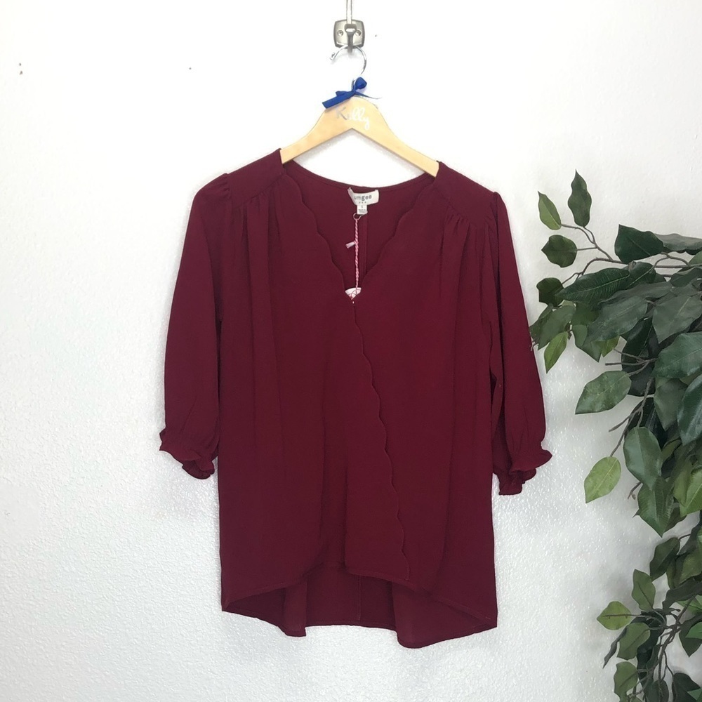 NWT Umgee Maroon Scalloped Blouse with Three Quarter Sleeves